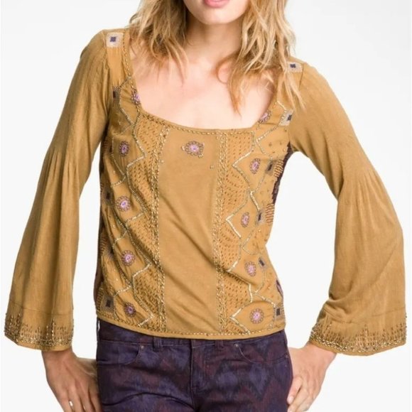 Free People beaded bell sleeve top black XS small - Picture 12 of 14